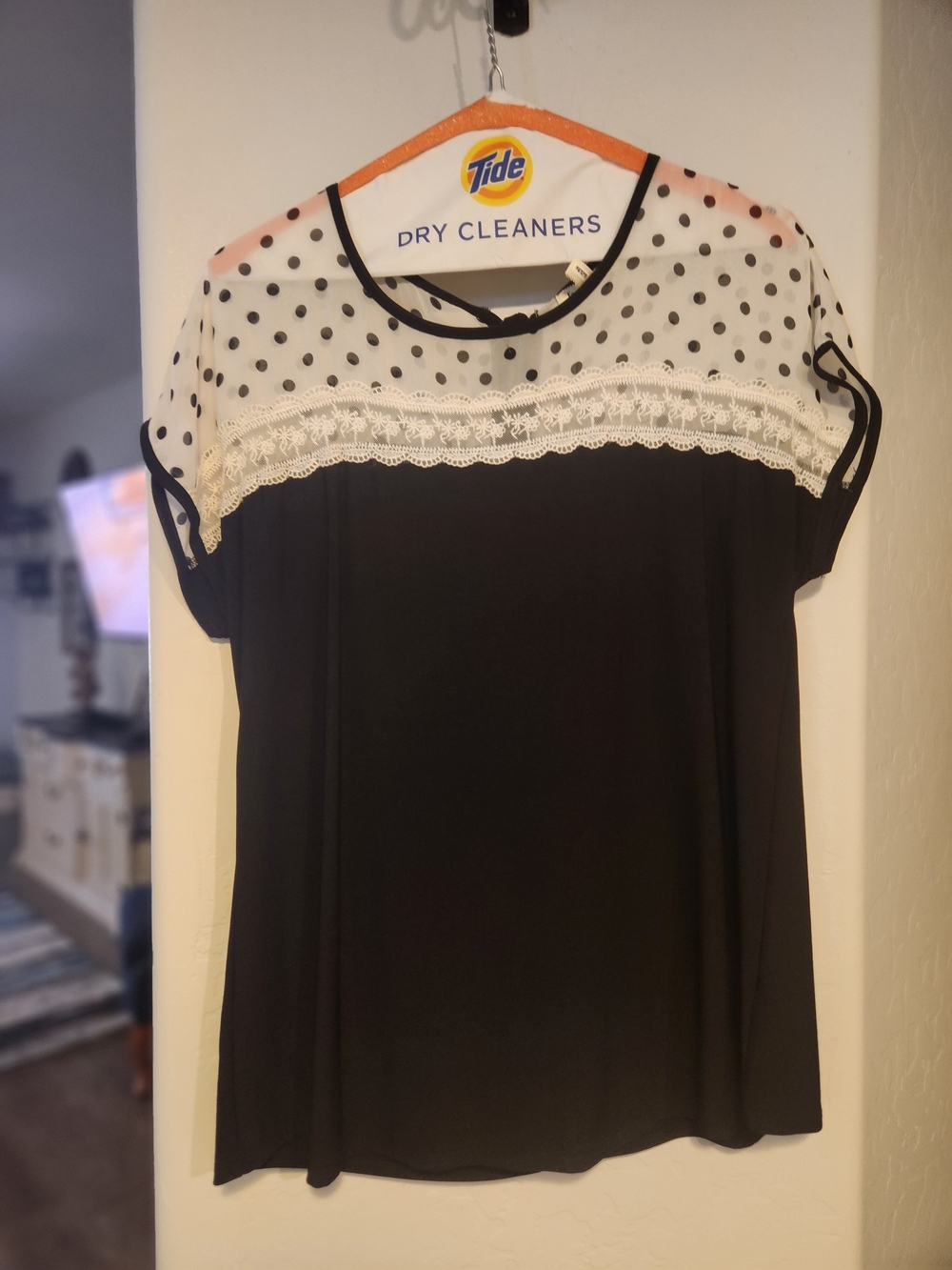 Faith and Joy Women’s Large Black White Polka Dot Lace Blouse Bow Back